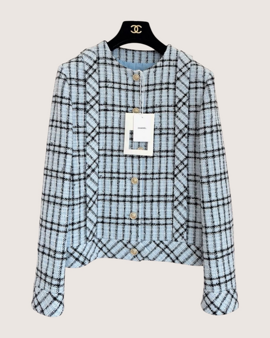 Chanel 25S Plaid Tweed Jacket - Blue, Black, White