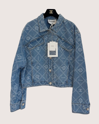 Chanel 23A Camellia Denim Jacket Blue, White FR 42