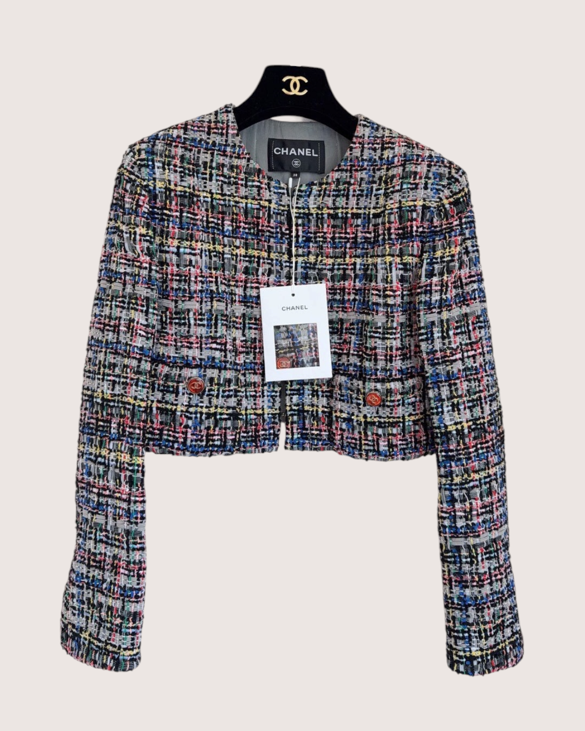 Chanel 23C Sequin Tweed Cropped Jacket Black, Grey, Blue, Multicolor FR 38