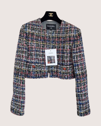 Chanel 23C Sequin Tweed Cropped Jacket Black, Grey, Blue, Multicolor FR 38