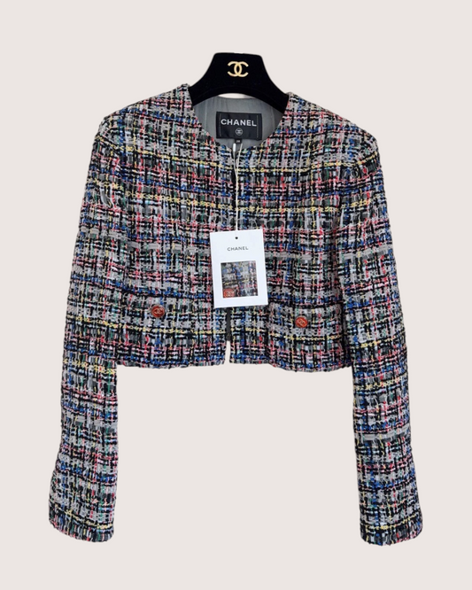 Chanel 23C Sequin Tweed Cropped Jacket Black, Grey, Blue, Multicolor FR 38