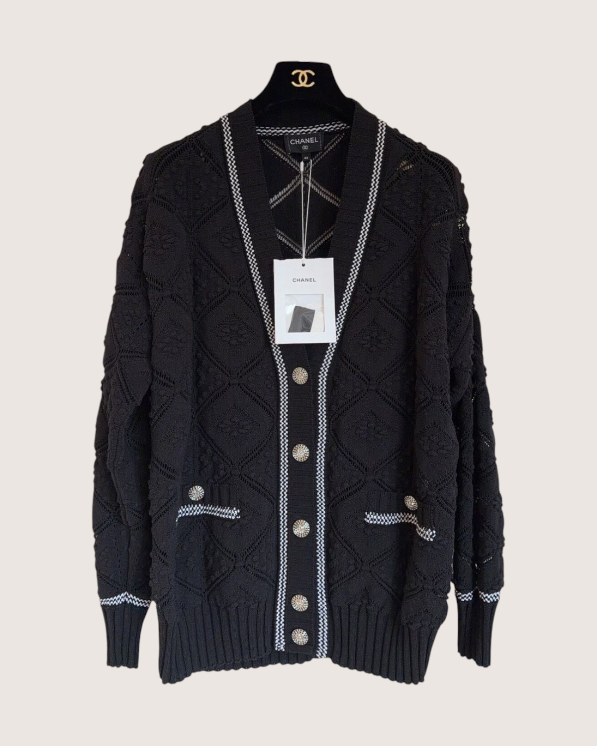 Chanel 23C Openwork Cardigan Black, White FR 36