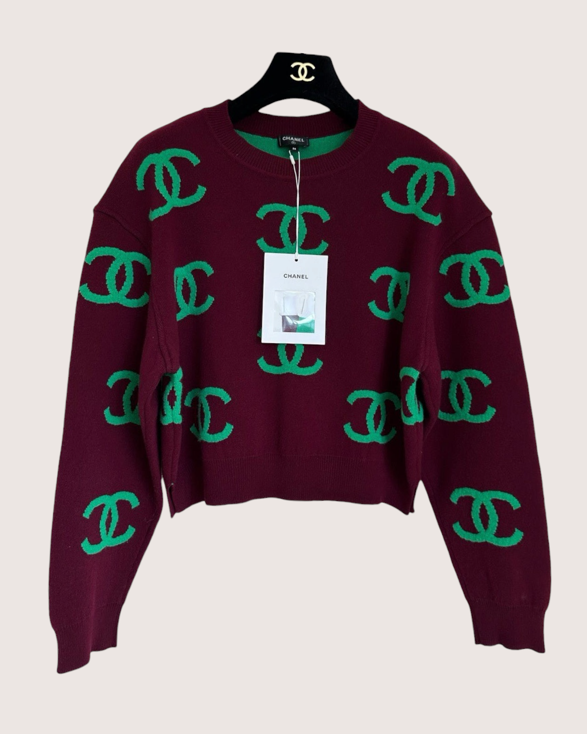 Chanel 21P Cashmere Cropped CC Logo Sweater Burgundy, Green FR 36