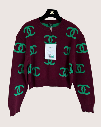 Chanel 21P Cashmere Cropped CC Logo Sweater Burgundy, Green FR 36