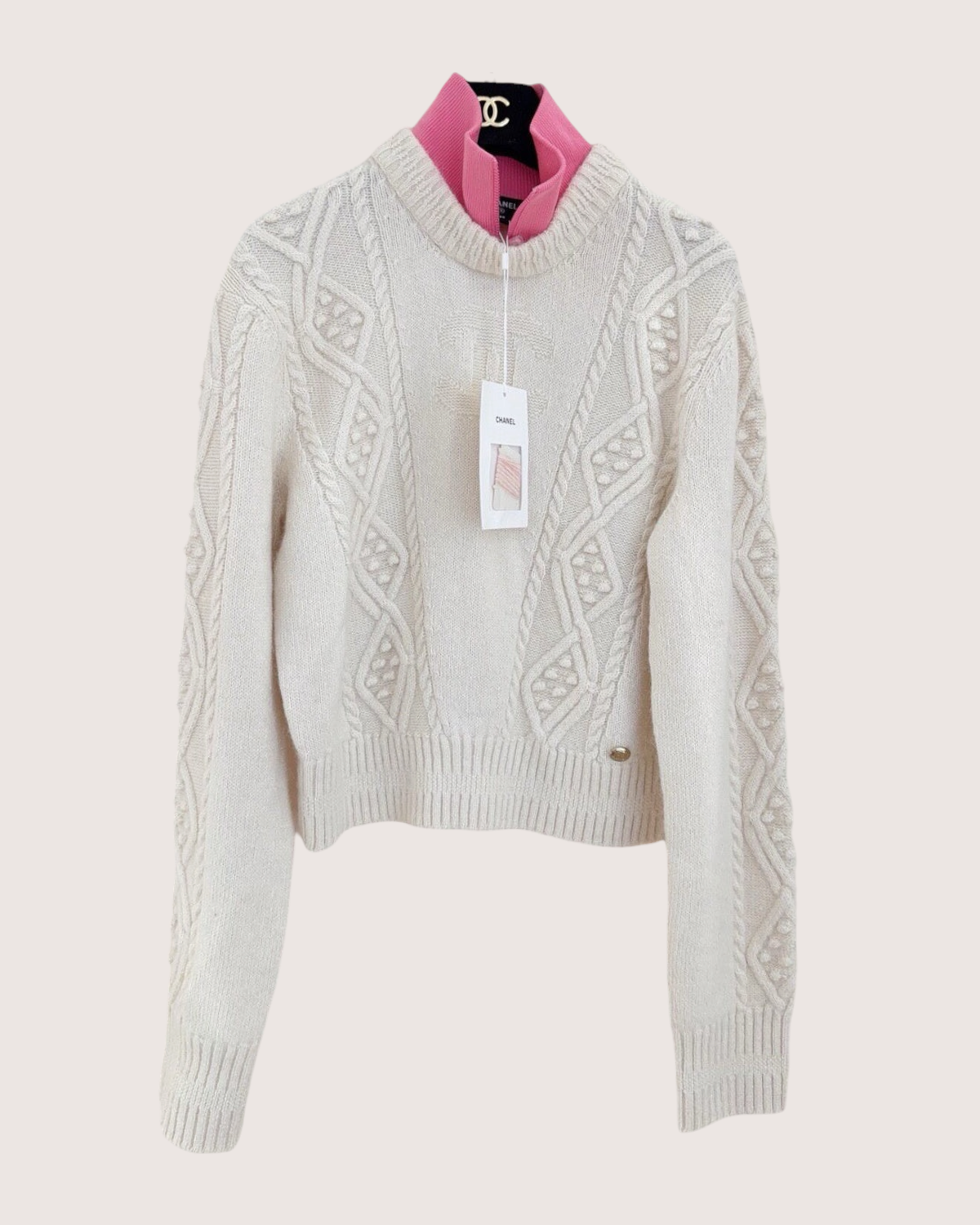 Chanel 22N Coco Neige Cashmere Cable Sweater Beige/Ecru, Pink FR 36