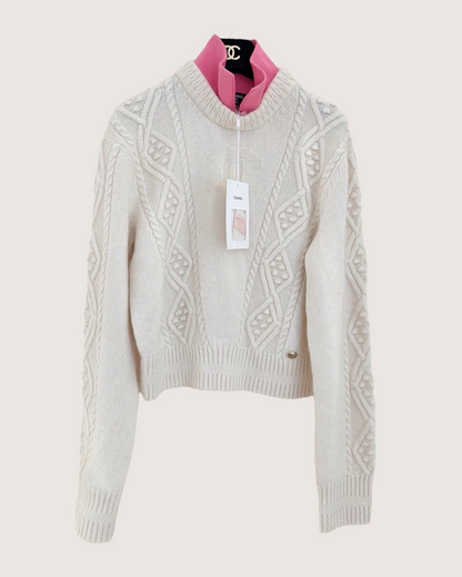 Chanel 22N Coco Neige Cashmere Cable Sweater Beige/Ecru, Pink FR 36