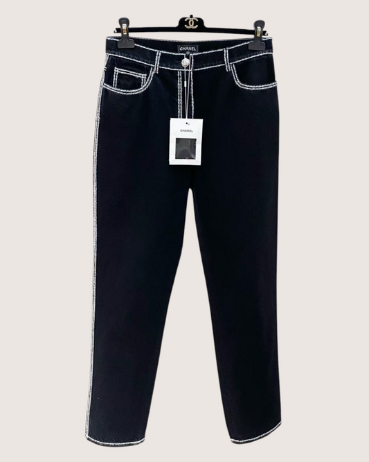 Chanel 24N Coco Neige Straight Denim Jeans Black, White FR 36