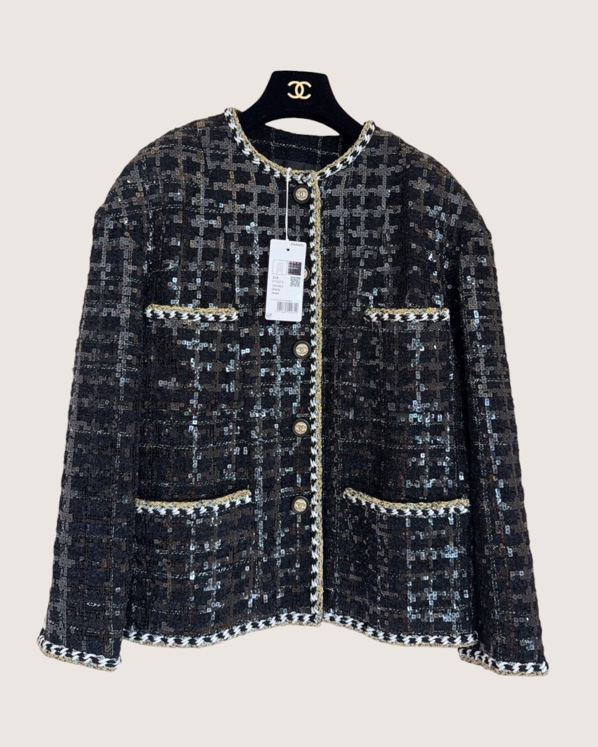 Chanel 21S Sequin Tweed Four-Pocket Jacket Black, Gold, Multicolor FR 40