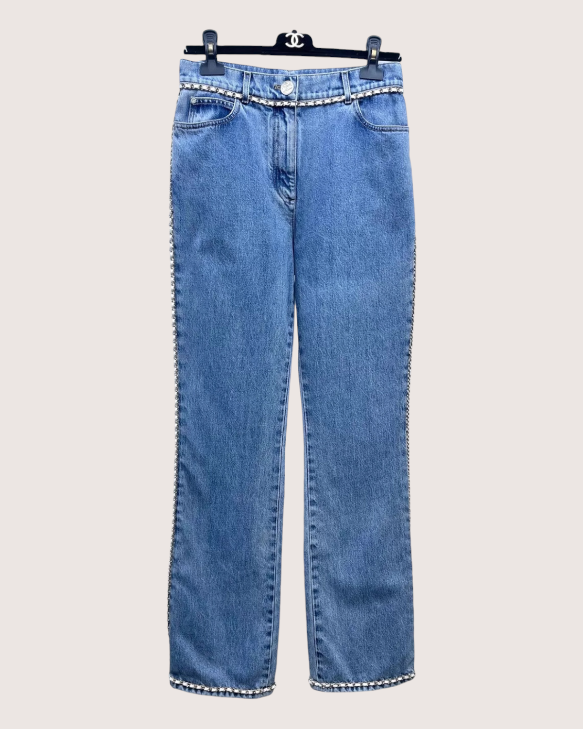 Chanel 23N Coco Neige Chain-Trim Denim Jeans