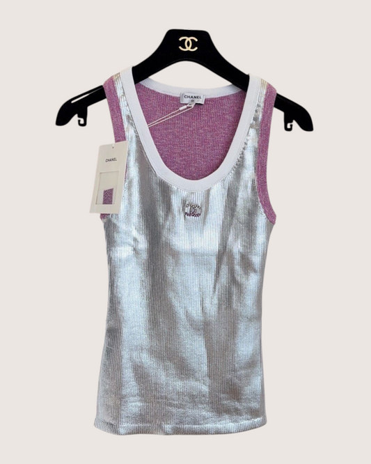 Chanel 25C Metallic Ribbed Tank Top Silver, Pink, White FR 36