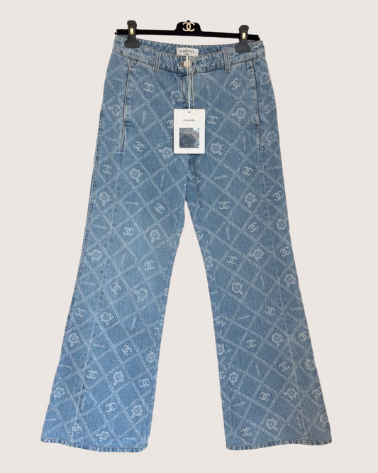 Chanel 23A Camellia Denim Wide-Leg Jeans Blue, White FR 36