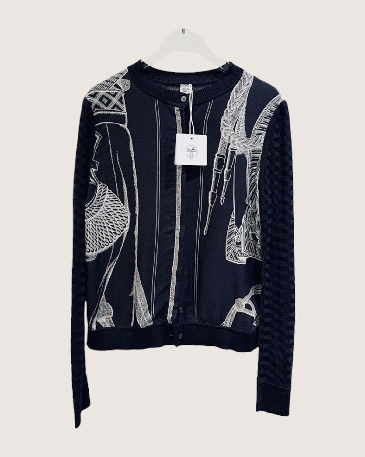 Hermès Silk Embroidered Cardigan Black, White FR 36
