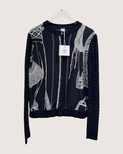 Hermès Silk Embroidered Cardigan Black, White FR 36