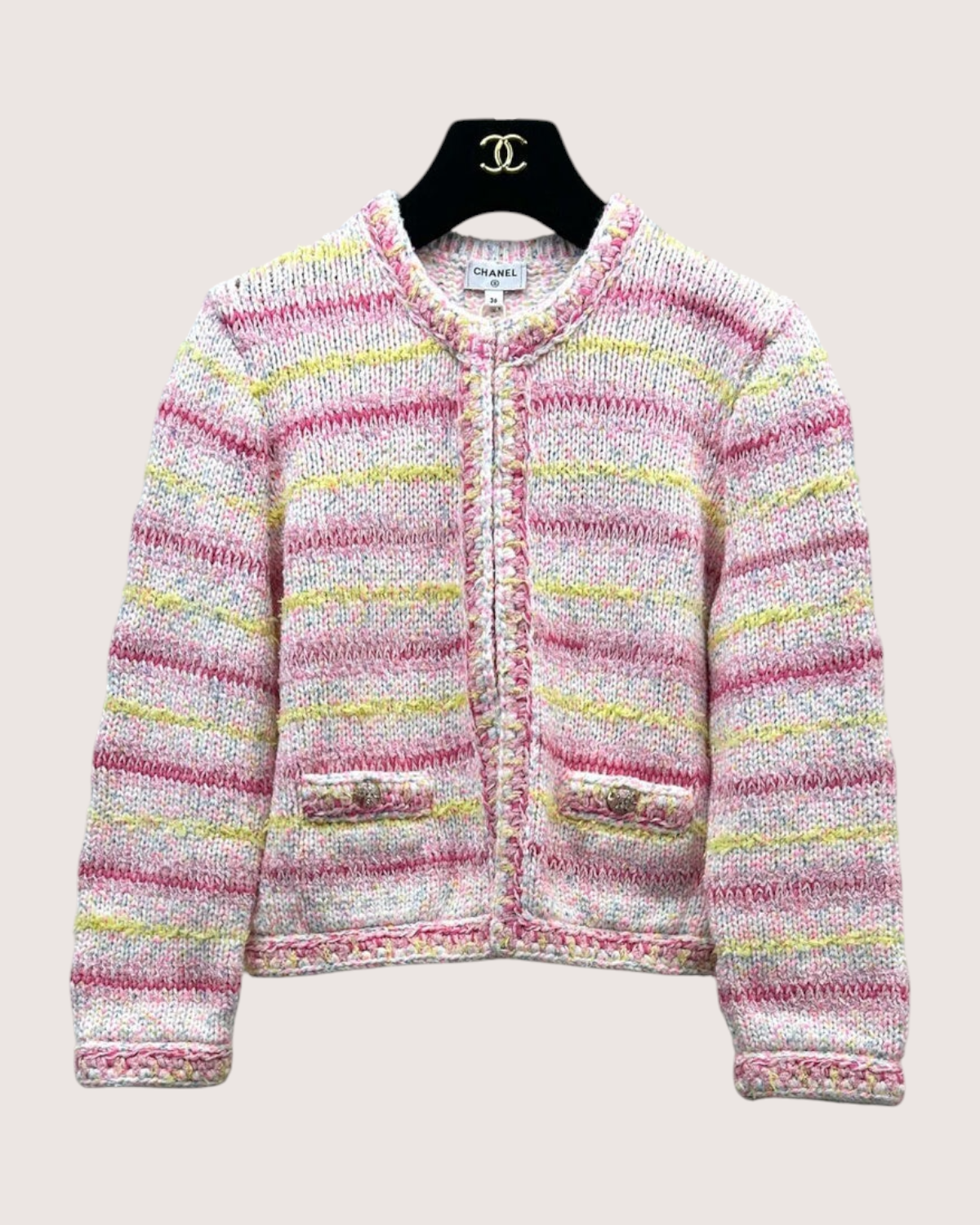 Chanel 24C Striped Heart Cardigan Pink, White, Yellow, Multicolor FR 36