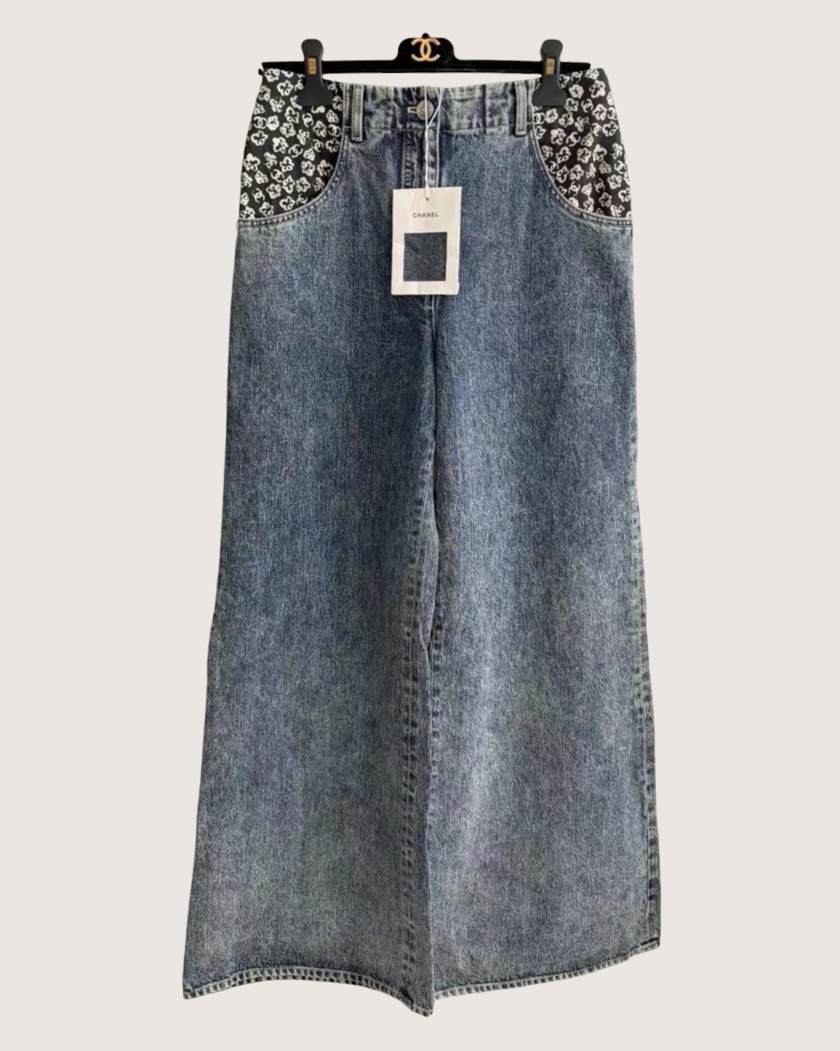 Chanel 25B Denim Wide-Leg Panelled Jeans Blue, Black, White FR 38