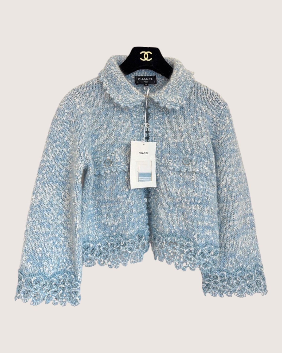Chanel 25B Lace-Trim Cardigan Blue, White FR 34