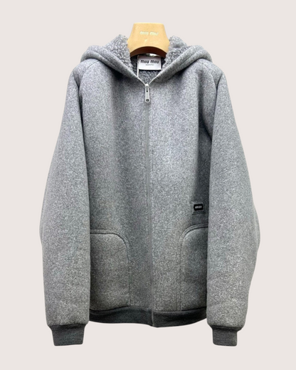 Miu Miu Wool Fleece-Lined Hooded Jacket Grey IT 38