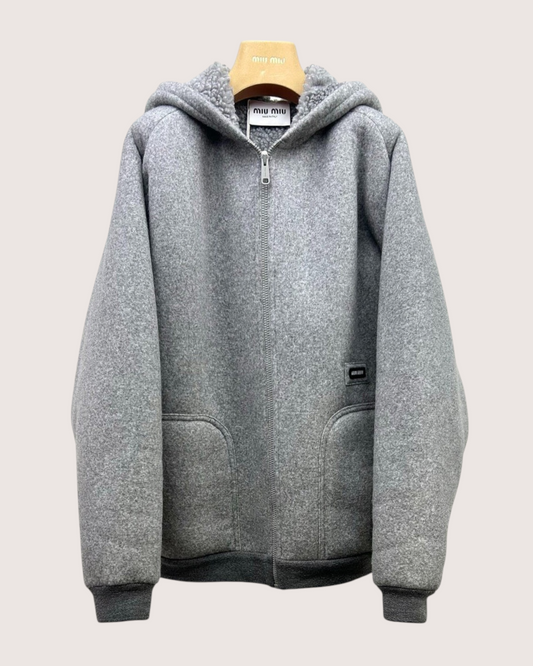 Miu Miu Wool Fleece-Lined Hooded Jacket Grey IT 38