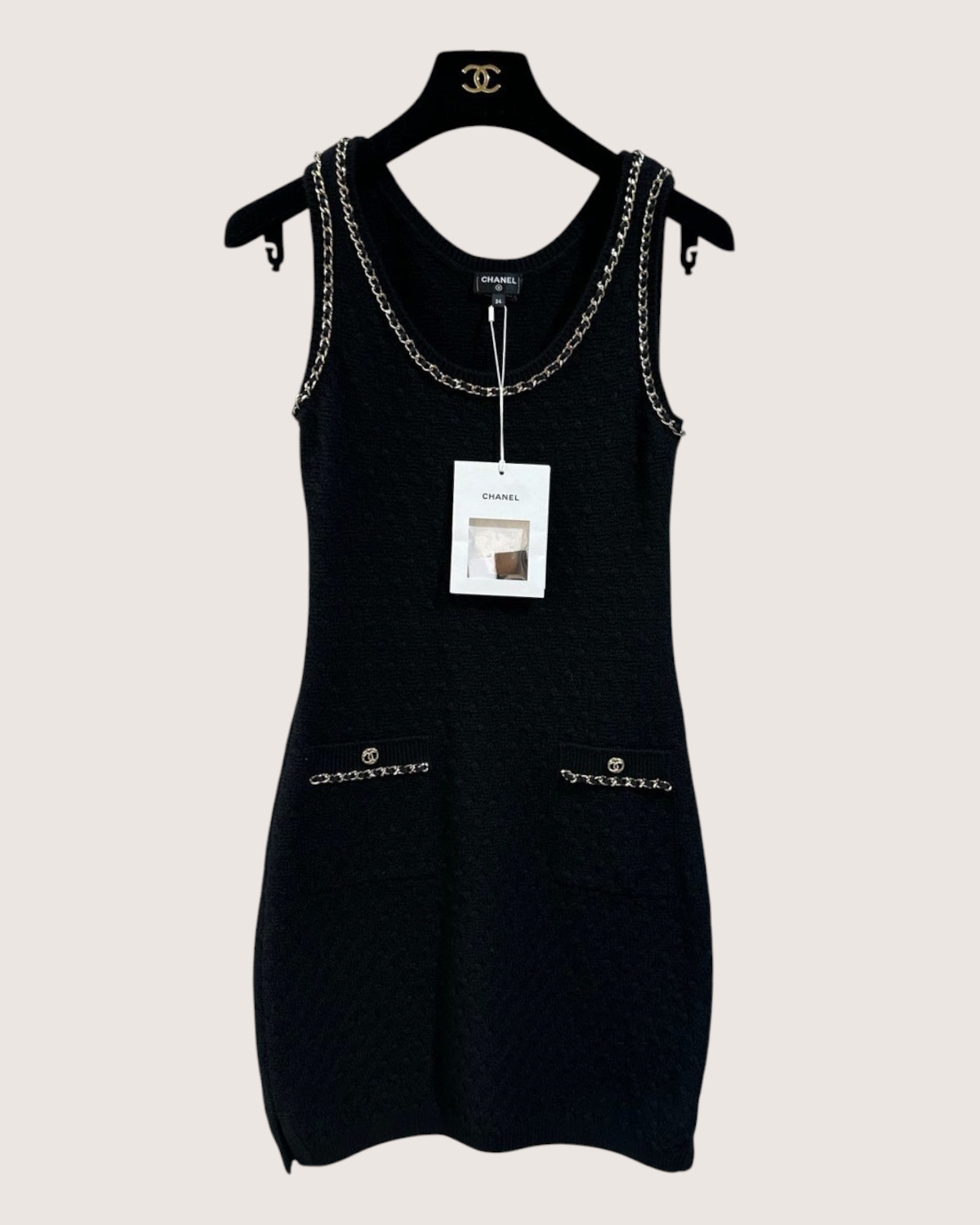 Chanel 23B Cashmere Chain-Trim Sleeveless Mini Dress Black, Gold FR 38