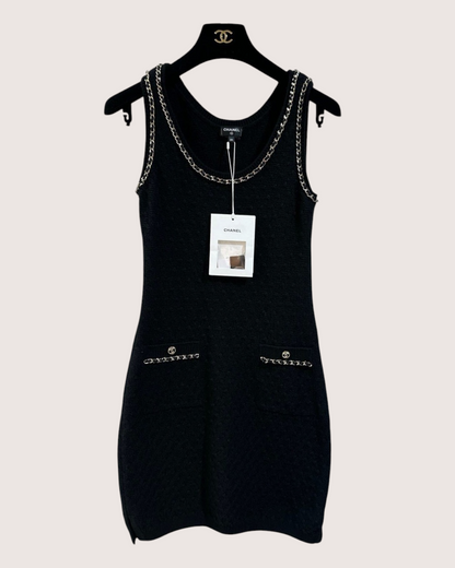 Chanel 23B Cashmere Chain-Trim Sleeveless Mini Dress Black, Gold FR 38