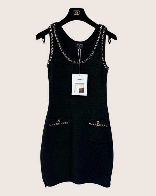 Chanel 23B Cashmere Chain-Trim Sleeveless Mini Dress Black, Gold FR 38