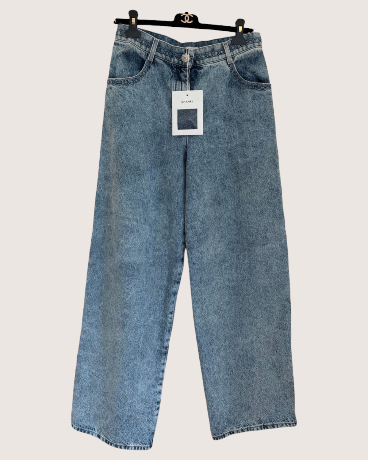 Chanel 26P Braided-Trim Wide-Leg Denim Jeans Blue FR 38