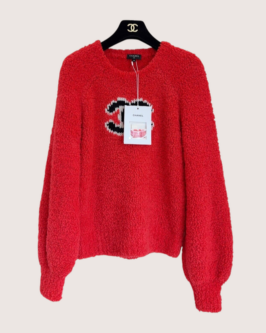 Chanel 19K Wool CC Logo Sweater Red, Black, White FR 38