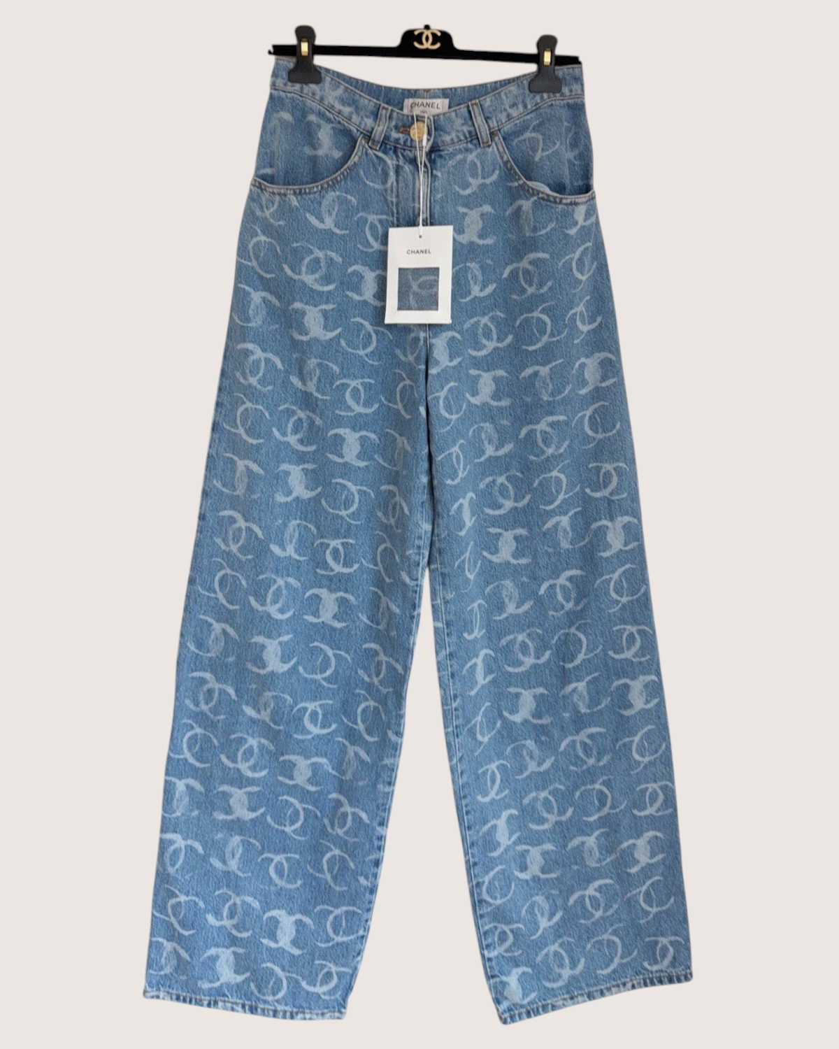 Chanel 23B CC Sequin Denim Wide-Leg Jeans Blue, Gold FR 38