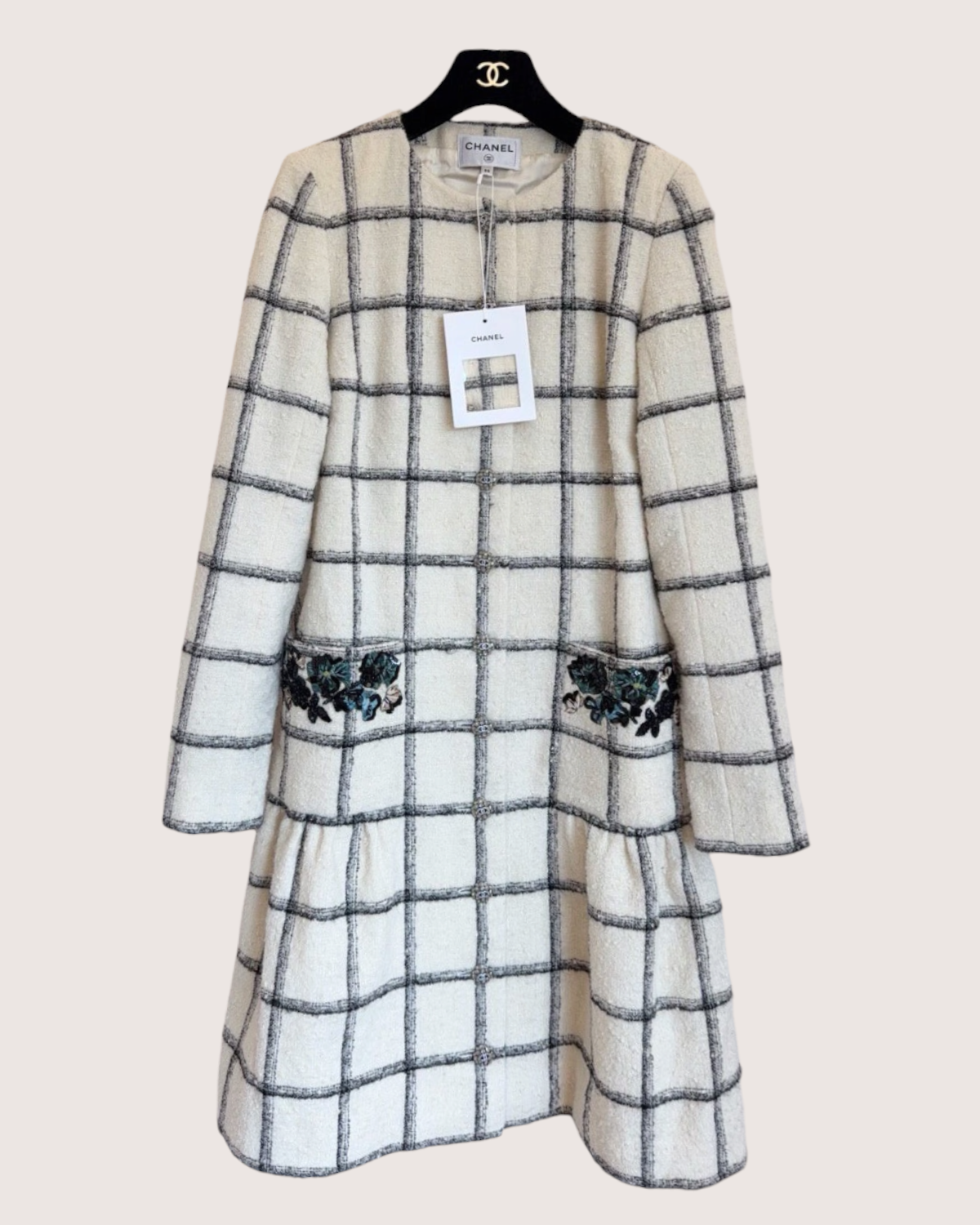 Chanel 22K Embroidered Windowpane Tweed Coat Beige/Ecru, Black FR 38