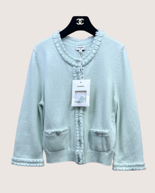 Chanel 25S Cashmere Ruffle-Trim Cardigan Green FR 36