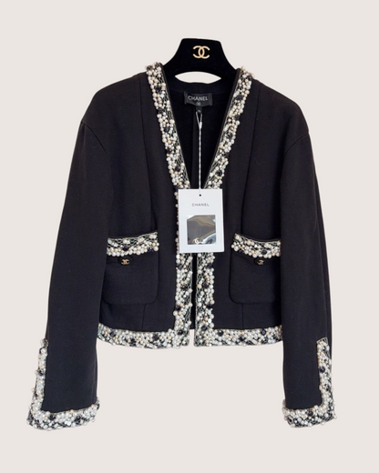 Chanel 20A Pearl-Trim Jacket Black, White FR 34