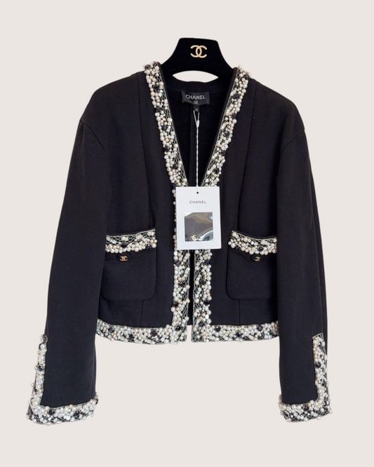 Chanel 20A Pearl-Trim Jacket Black, White FR 34