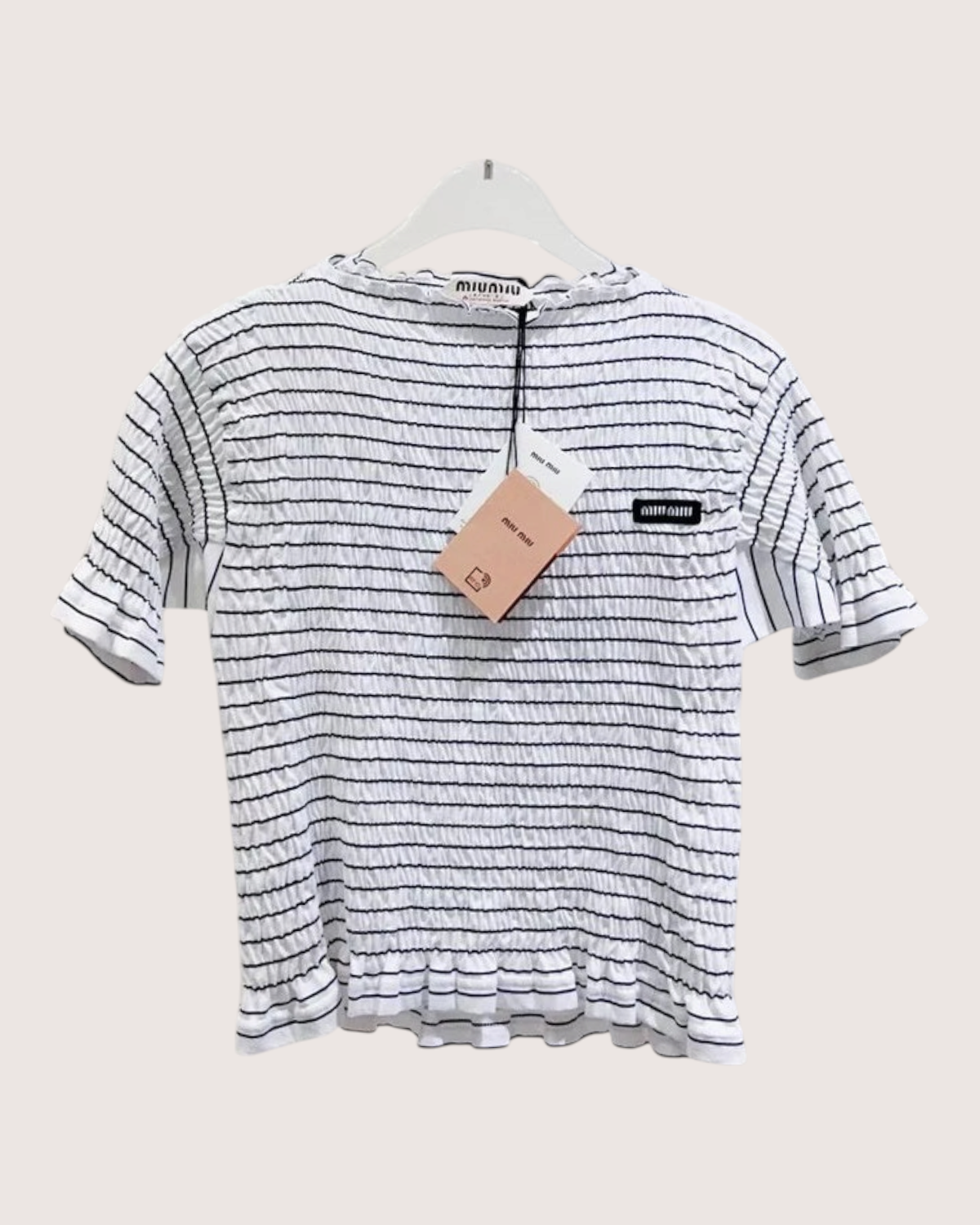 Miu Miu Striped Smocked Top White, Navy FR 38