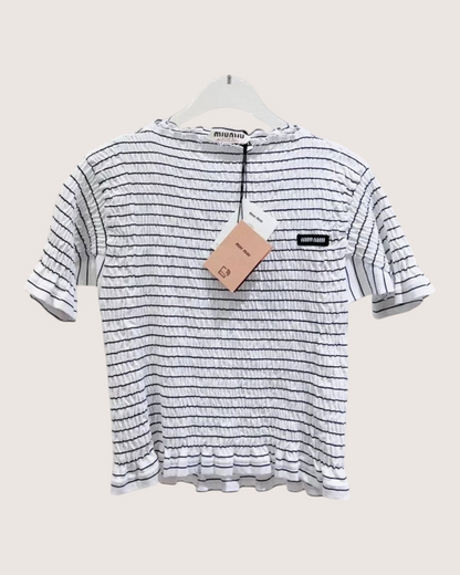 Miu Miu Striped Smocked Top White, Navy FR 38