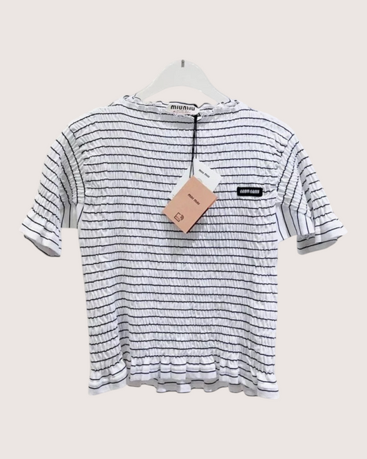 Miu Miu Striped Smocked Top White, Navy FR 38