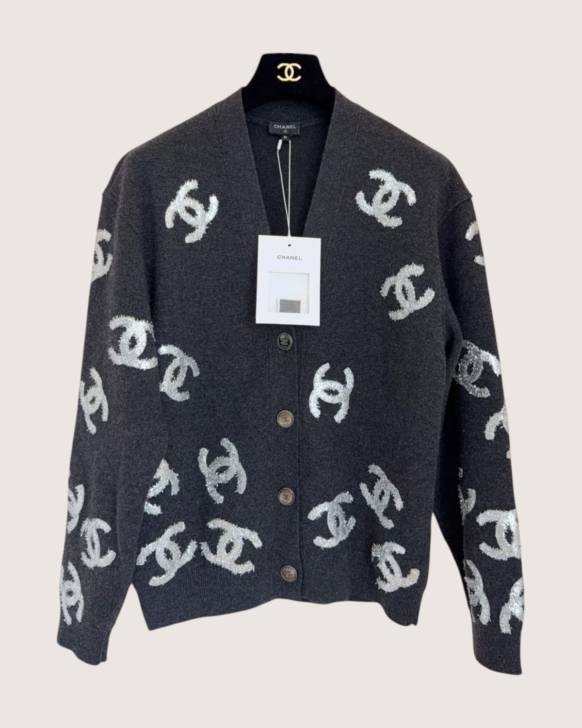 Chanel 22A Wool CC Logo Cardigan Grey, Silver FR 38