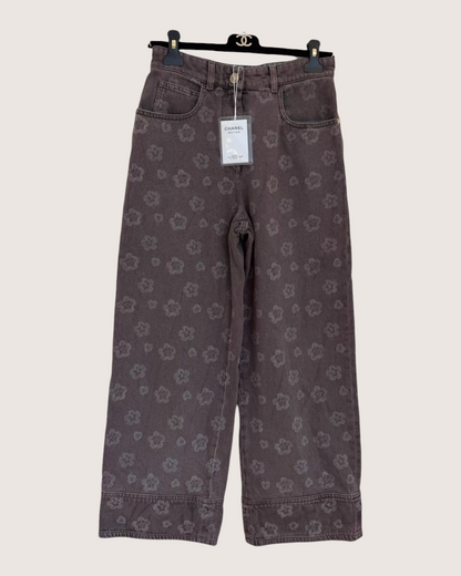 Chanel 25A Camellia Wide-Leg Denim Jeans