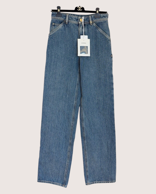 Chanel 26B CC-Embroidered Straight Denim Jeans Blue FR 38