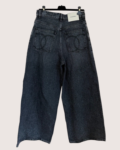 Chanel 26A CC Wide-Leg Denim Jeans Black FR 36