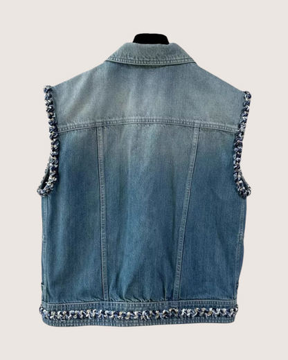 Chanel 25A Tweed-Trim Denim Vest