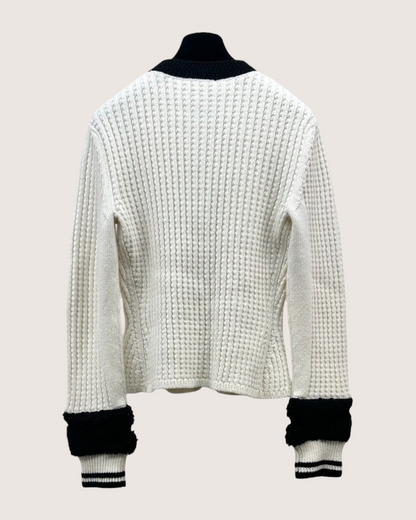 Chanel 25N Coco Neige Wool Ribbed Ski Cardigan White, Black FR 36