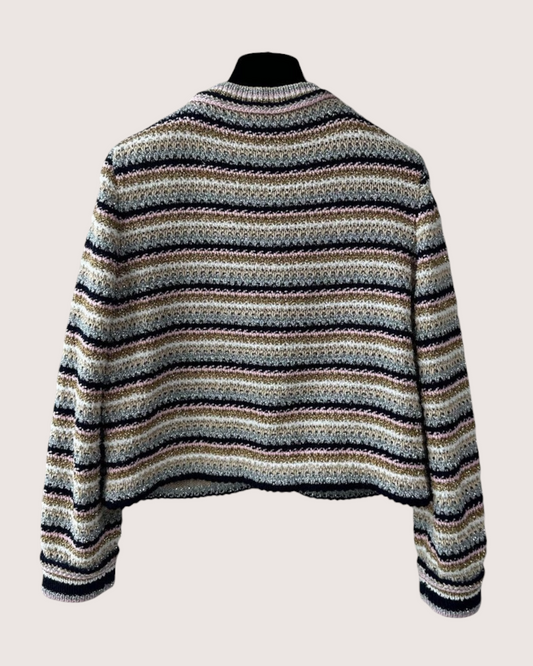 Chanel 24P Metallic Striped Cardigan Beige/Ecru, Navy, Pink, Multicolor FR 38