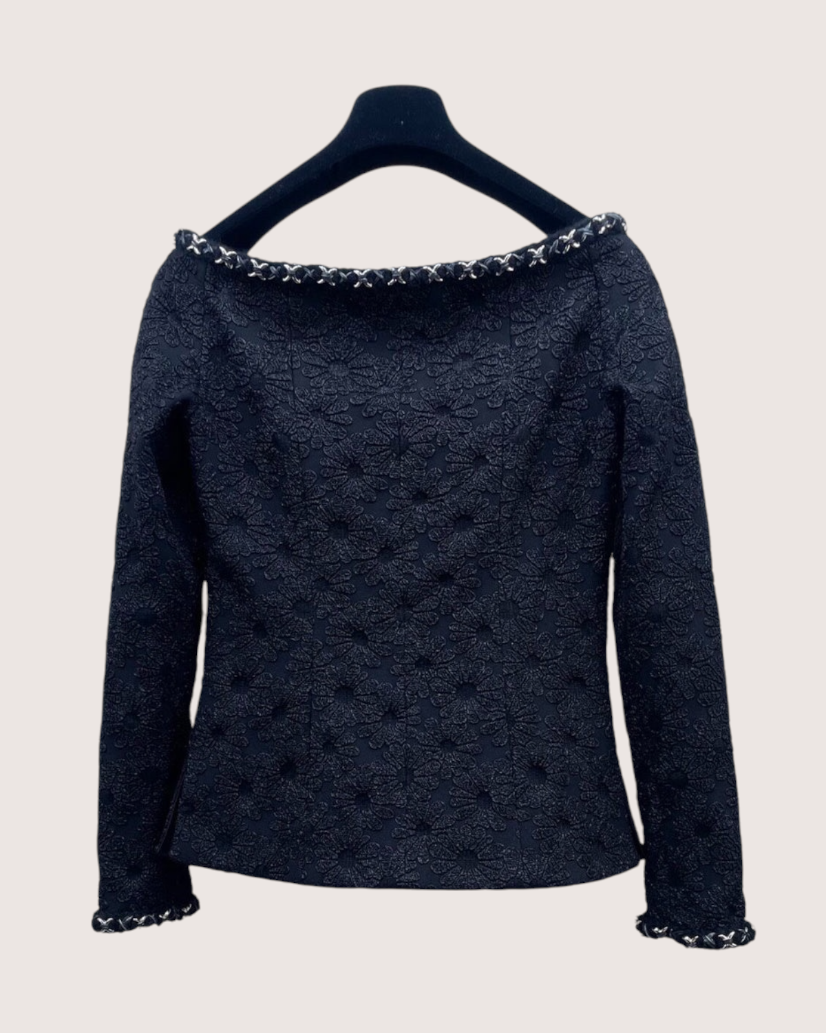 Chanel 21A Floral Off-Shoulder Chain-Trim Jacket Black FR 34