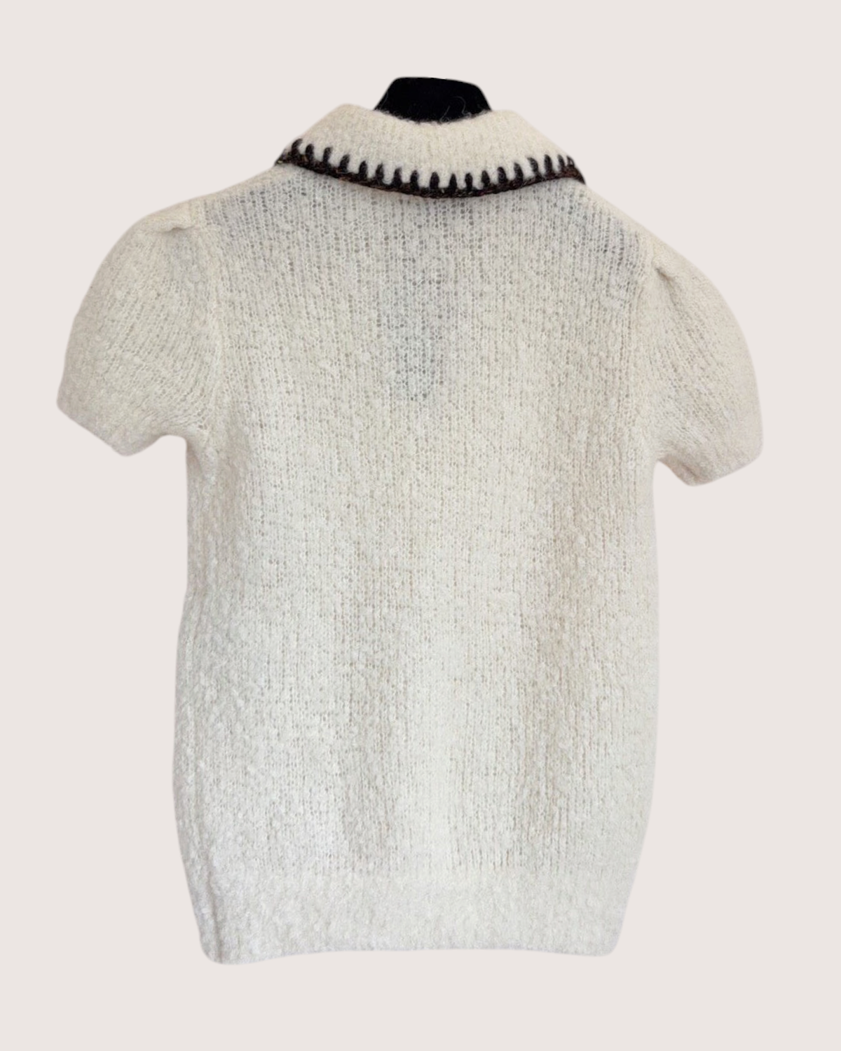 Chanel 25N Coco Neige Cashmere Blanket-Stitch Bow Short-Sleeve Sweater Beige/Ecru, Brown FR 34