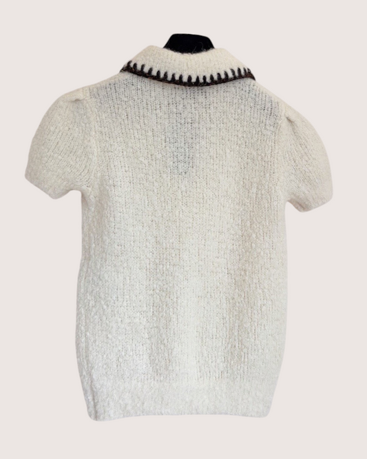 Chanel 25N Coco Neige Cashmere Blanket-Stitch Bow Short-Sleeve Sweater Beige/Ecru, Brown FR 34