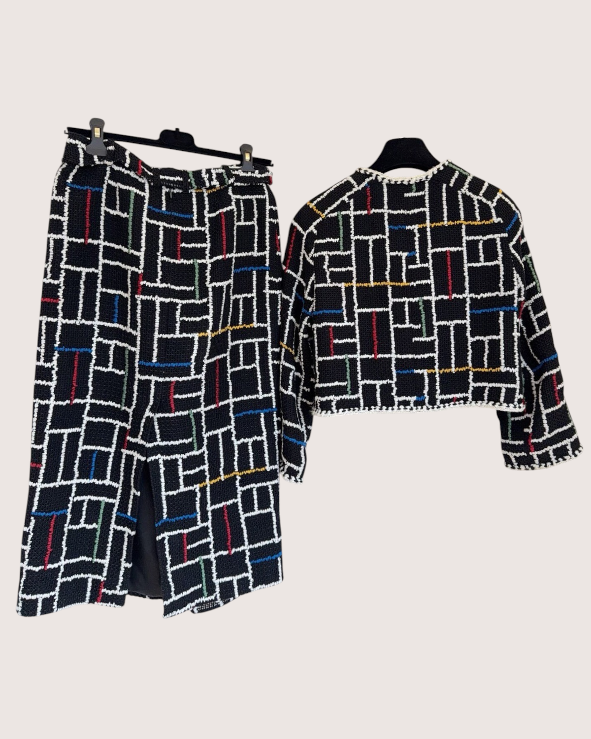 Chanel 25C Tweed Jacket & Skirt Set Black, White, Multicolor FR 36