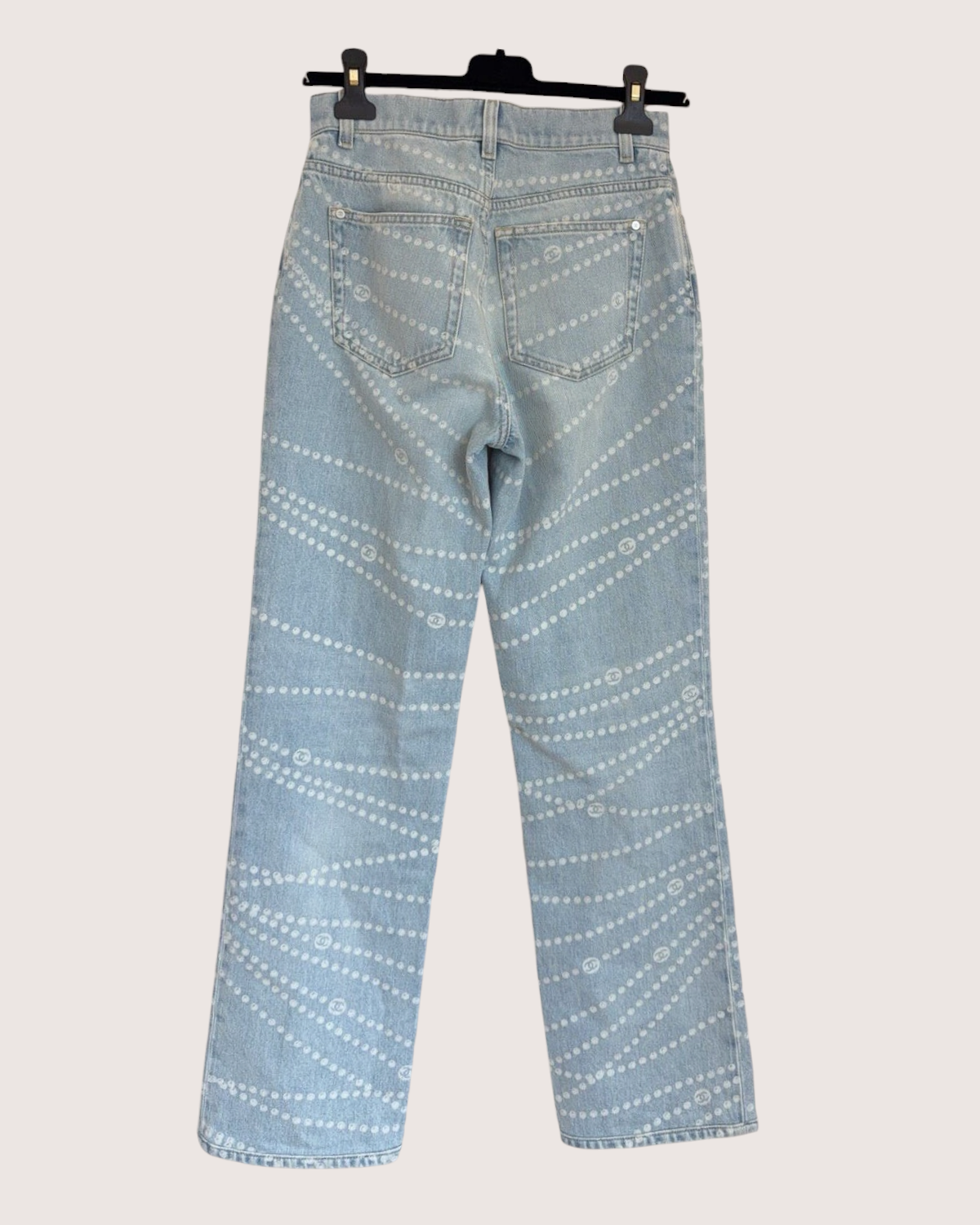 Chanel 25P Pearl Denim Straight Jeans Blue, White FR 40