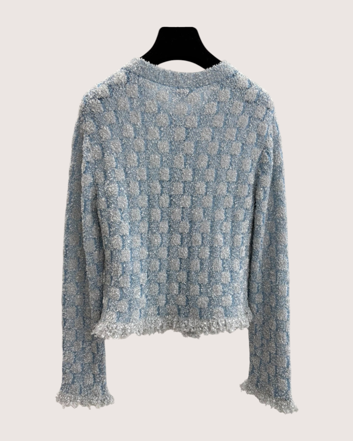 Chanel 26C Shimmer Knit Cardigan Blue, Silver, White FR 34