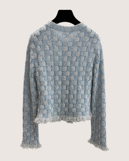 Chanel 26C Shimmer Knit Cardigan Blue, Silver, White FR 34