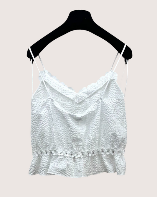 Chanel 26C Floral-Trim Peplum Camisole Top White FR 34